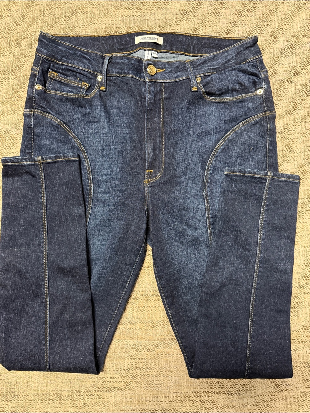 GOOD AMERICAN Brand Ladies Dark Blue Jeans Split Leg Ankle Slim Fit 14